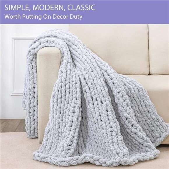 Chunky Knit Blanket Throw 51"x63", 100% Hand Knitted Chenille Throw Blanket - Picture 3 of 8